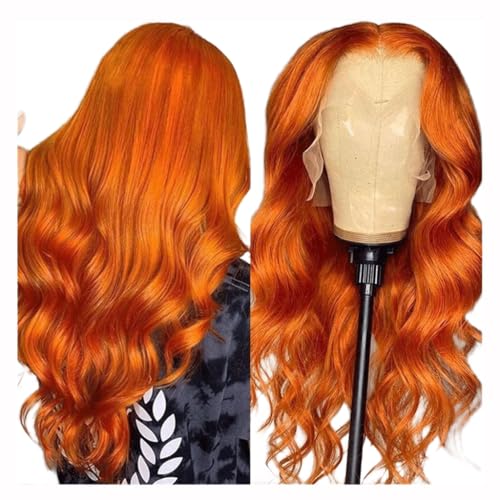 HASMI Realistische Perücke Perücke für Frauen, Ingwer-Orange, Lace-Front-Perücke, gewellt, Echthaar-Perücke, Lace-Front-Echthaar-Perücke, synthetische hitzebeständige Perücken von HASMI