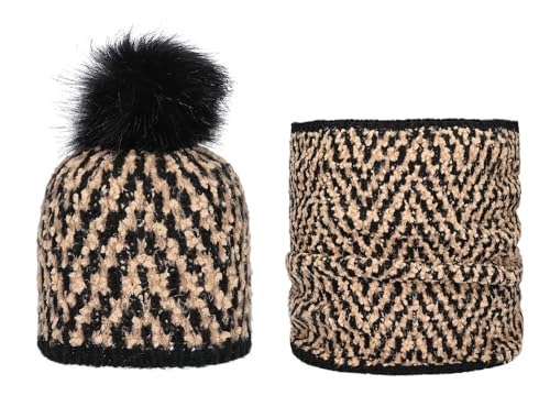 HAT YOU Damen Winter Set, Mütze und Loop-Schal aus Bouclé-Garn mit Jacquard Chevron-Muster, Winter Set:Camel von HAT YOU