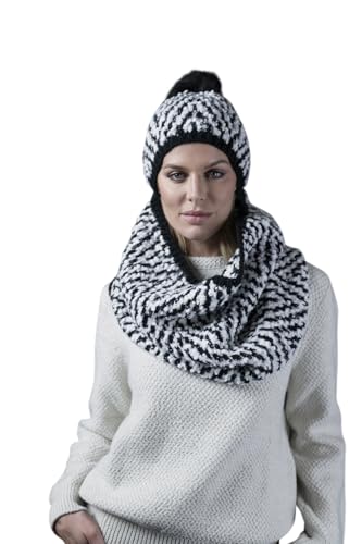 HAT YOU Damen Winter Set, Mütze und Loop-Schal aus Bouclé-Garn mit Jacquard Chevron-Muster, Winter Set:Off White von HAT YOU