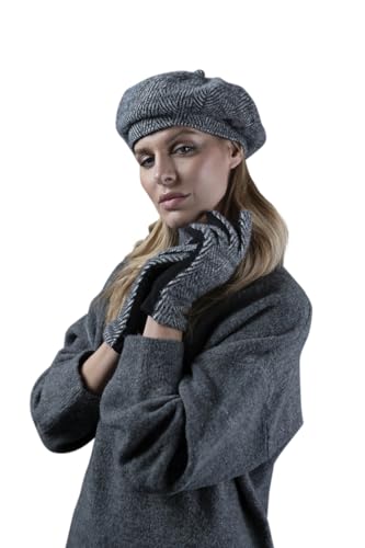 HAT YOU Damen Winter Set mit Fischgrätenmuster, Damen Barett und Handschuhe, Baskenmütze, Winter Set:Black von HAT YOU