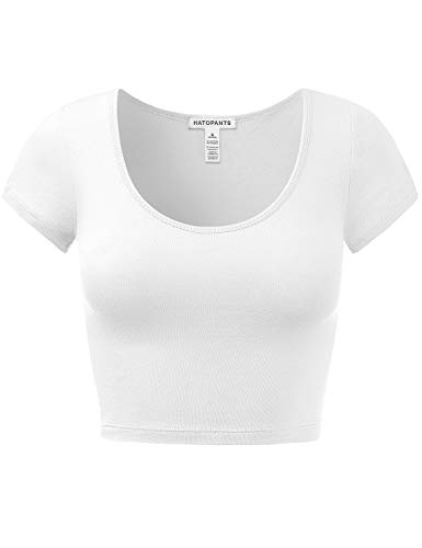 Damen Baumwolle Basic U-Ausschnitt Crop Top Kurzarm Tops, 011-Weiß-23, Klein von HATOPANTS