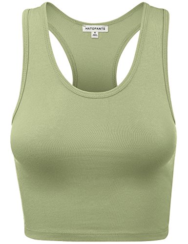 Damen Crop Tank Top Baumwolle U-Ausschnitt Racerback Ärmellos Slim Fit Tops - Grün - Groß von HATOPANTS