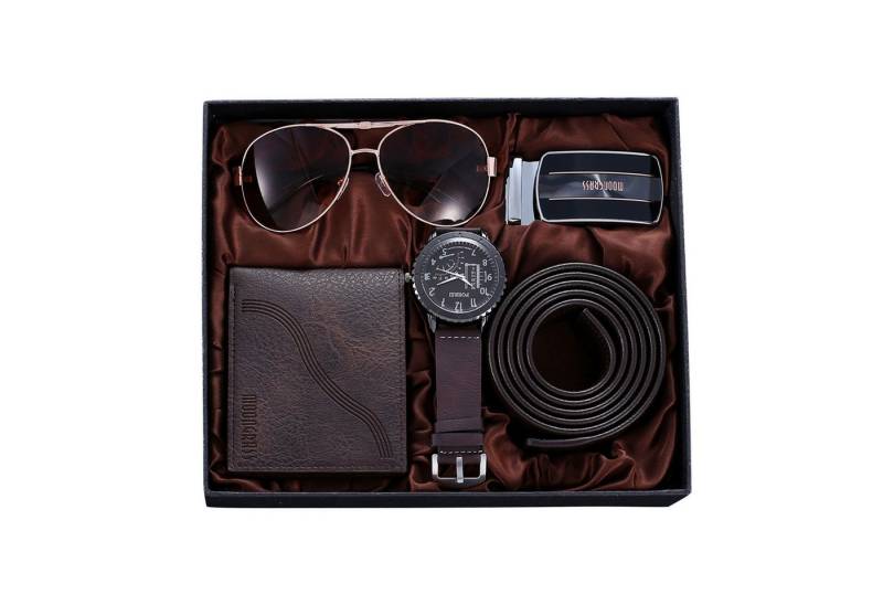 HAUSS SPOLE Geldbörse 4PCS Geschenk Set für Männer Gürtel Herrenuhr Sonnenbrillen (Mit Geschenkbox, 4-tlg., Wallet Watch Ledergürtel Brille Set für Mann), für Männer Weihnachten Geburtstag Jubiläen Vatertag Thanksgiving usw von HAUSS SPOLE