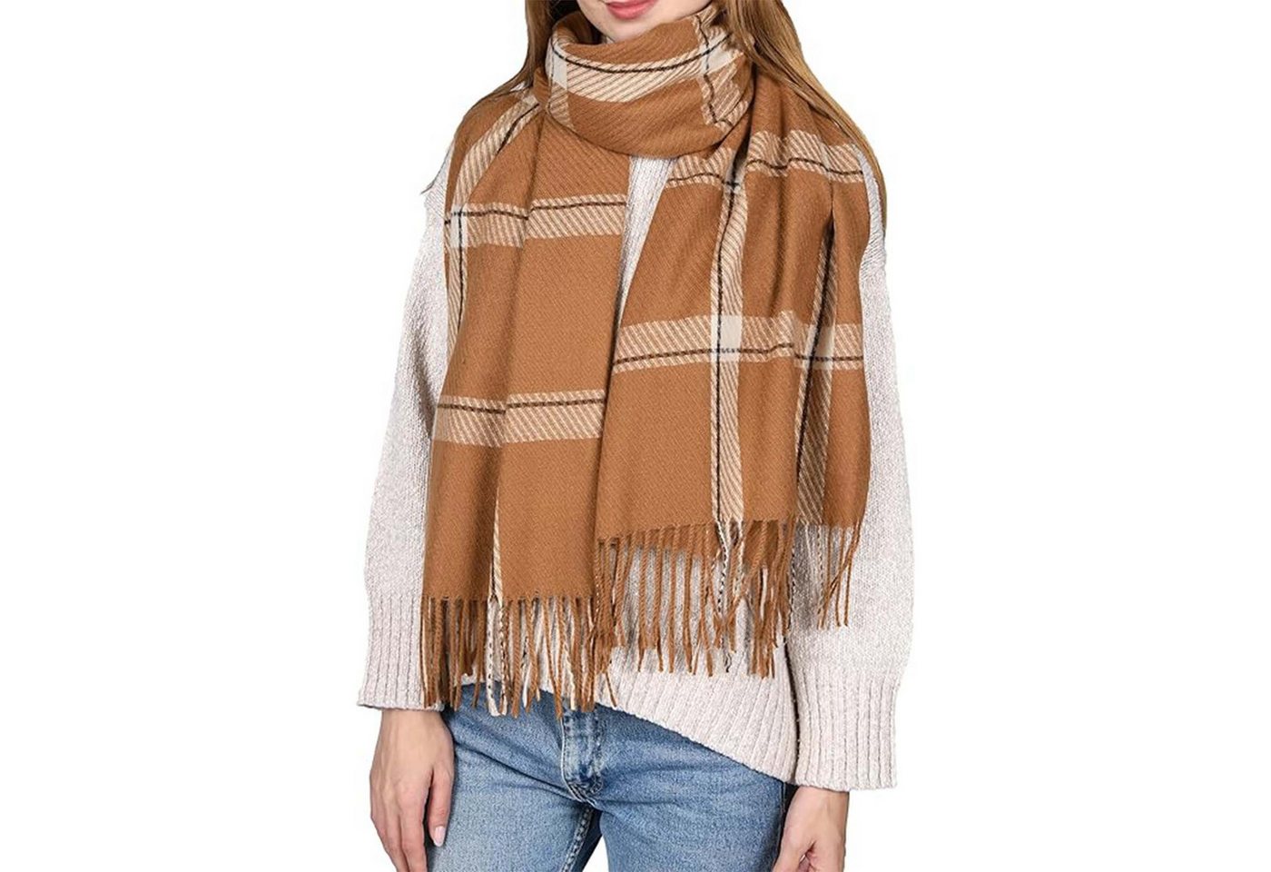HAUSS SPOLE Modeschal Modeschal mit Warm halten karierterSchal Quastenschal Braun, (kann als Schultertuch Decke oder Poncho verwendet werden, 1-St. ideal für kalte Tage Reisen Abendkleider und entspanntes Yoga), warmem Karomuster eleganten Fransen 196 x 64 cm Mischgewebe von HAUSS SPOLE