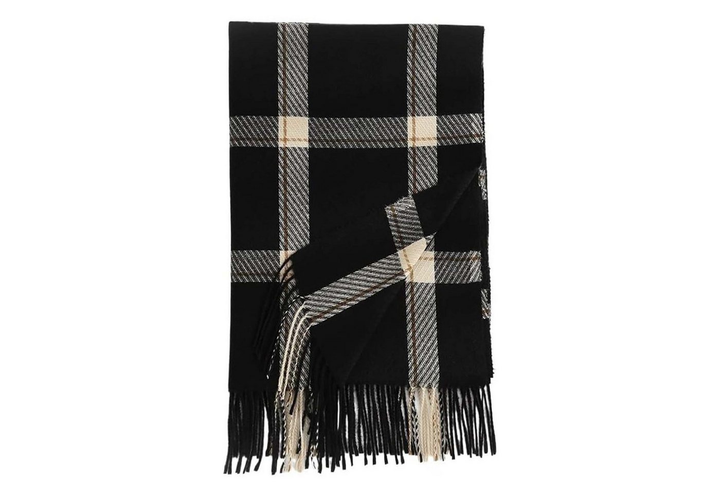 HAUSS SPOLE Modeschal Modeschal mit Warm halten karierterSchal Quastenschal Schwarz, (kann als Schultertuch Decke oder Poncho verwendet werden, 1-St. ideal für kalte Tage Reisen Abendkleider und entspanntes Yoga), warmem Karomuster eleganten Fransen 196 x 64 cm Mischgewebe von HAUSS SPOLE