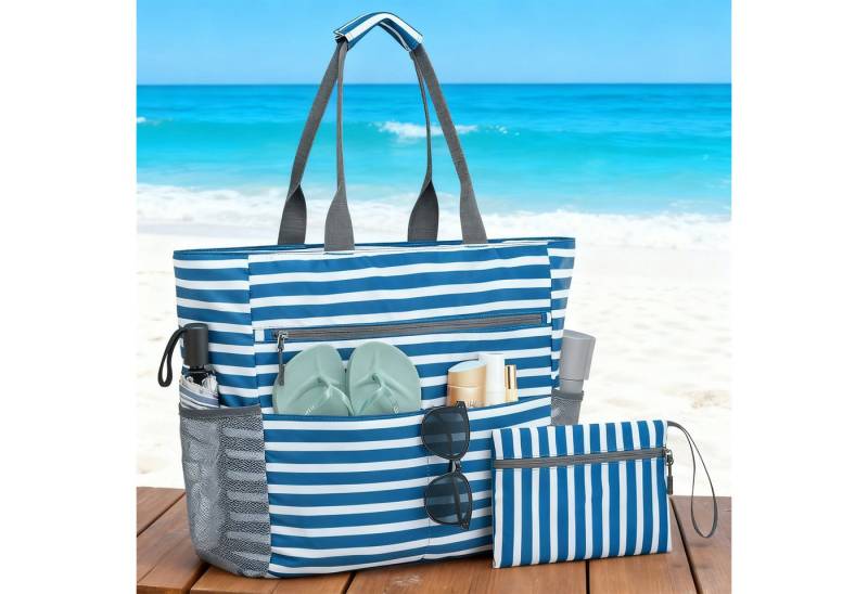 HAUSS SPOLE Schultertasche Reisetasche mit faltbar Handtasche Tagesrucksack Tragbar Blau (42 × 15 × 39 cm mit kleiner Tasche, 1-tlg., mit großem Fassungsvermögen Reißverschlüssen separatem Innenfach), für Strand Schwimmbad Picknick Camping oder Einkäufe von HAUSS SPOLE