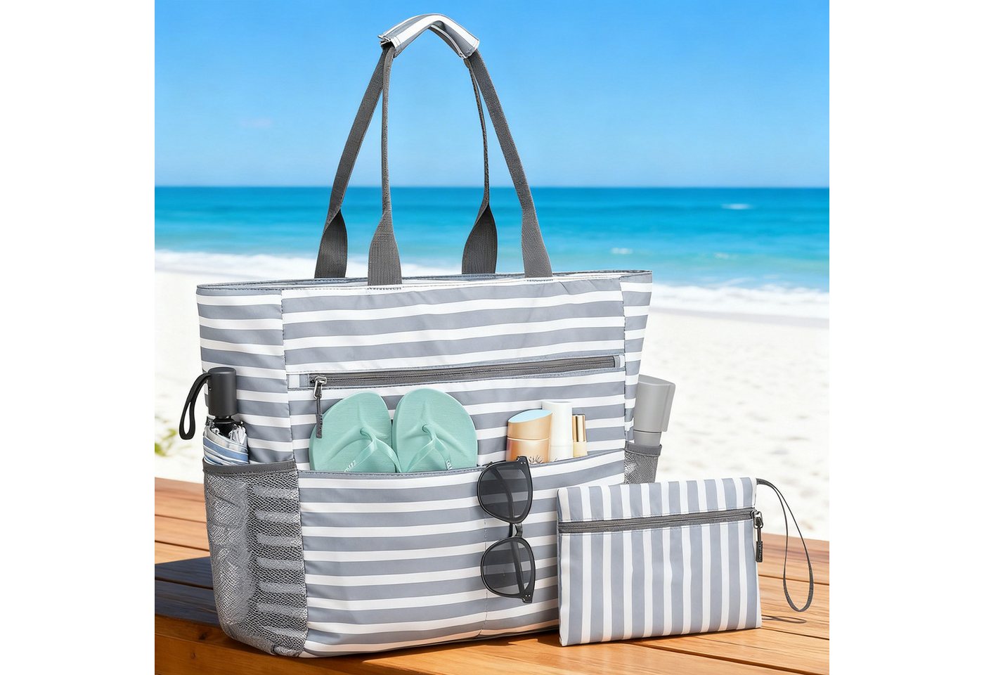 HAUSS SPOLE Schultertasche Reisetasche mit faltbar Handtasche Tagesrucksack Tragbar Grau (42 × 15 × 39 cm mit kleiner Tasche, 1-tlg., mit großem Fassungsvermögen Reißverschlüssen separatem Innenfach), für Strand Schwimmbad Picknick Camping oder Einkäufe von HAUSS SPOLE