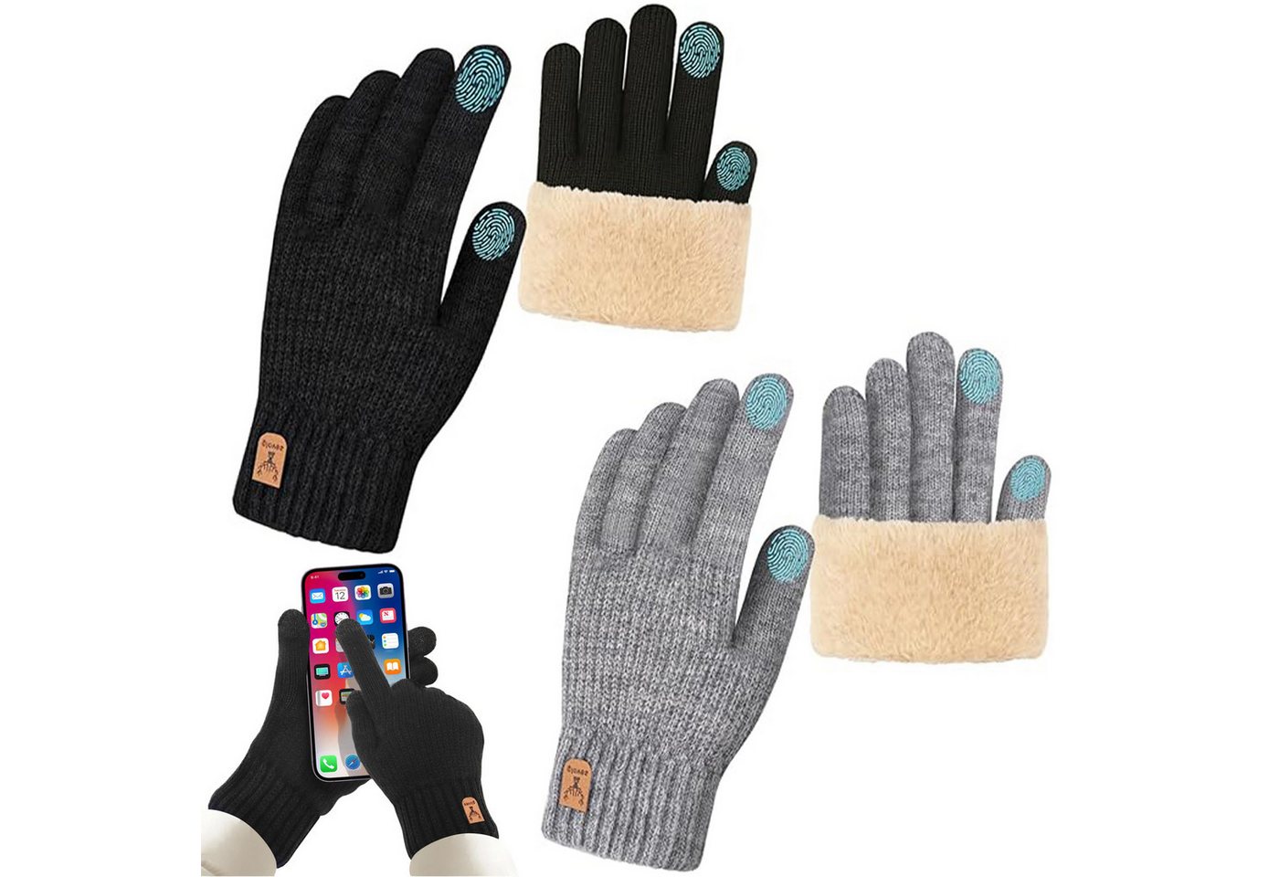 HAUSS SPOLE Strickhandschuhe Strickhandschuhe mit wärmend Winterhandschuhe Fingerhandschuhe (mit Dual-Finger-Touchscreen-Design doppellagigem winddichtem Kragen, 2-St., passt sich Handflächenbreite 8–10 cm und Umfang 18–23 cm) weichem Samtfutter in Einheitsgröße ideal für Damen und Herren von HAUSS SPOLE