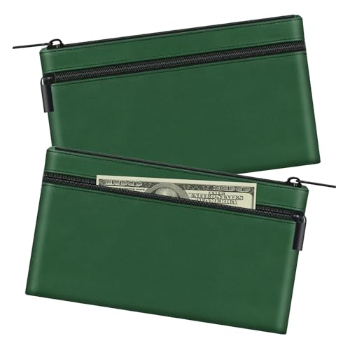 HAUTOCO 2 Stück Geldtaschen Banktasche, PU-Leder Zwei Taschen Geldmappe mit Reißverschluss für A5 Dokumententasche Geldscheintasche, Banktasche 28 x 15.5 cm für Geschäftlich Haushalt, Tief Grün von HAUTOCO