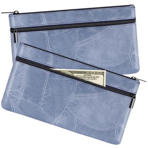 HAUTOCO 2 Stück Geldtaschen Banktasche PU-Leder Texturiert Bankmappe mit Reißverschluss 28 x 15.5 cm A5 Dokumente Geldmappe für Business Haushalt Schule, Hellblau von HAUTOCO