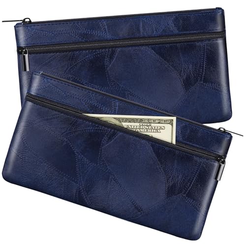 HAUTOCO 2 Stück Geldtaschen Banktasche PU-Leder Texturiert Bankmappe mit Reißverschluss 28 x 15.5 cm A5 Dokumente Zwei Taschen Geldmappe für Business Haushalt Schule, Königsblau von HAUTOCO
