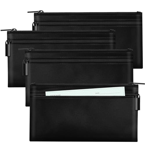 HAUTOCO 4 Stück Geldtaschen Banktasche, PU-Leder Geldtasche mit Reißverschluss für A5 Dokumententasche Geldscheintasche, Banktasche Geldmappe 28 x 15.5 cm für Geschäftlich Haushalt, Schwarz von HAUTOCO
