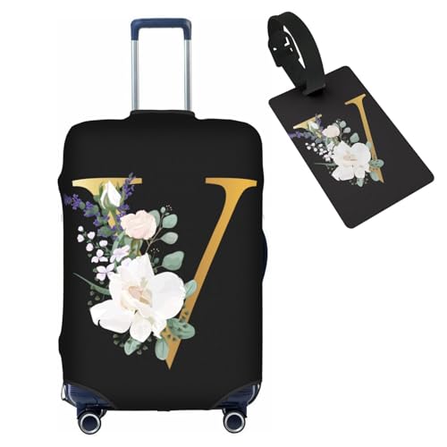 HAUYE Gepäckabdeckung mit Gepäckanhänger, elastisch, waschbar, Stretch-Koffer-Schutz, kratzfest, Reisekoffer-Abdeckung für Kinder und Erwachsene, Blume, Buchstabe V, L (for 25-28 inch suitcase) with von HAUYE