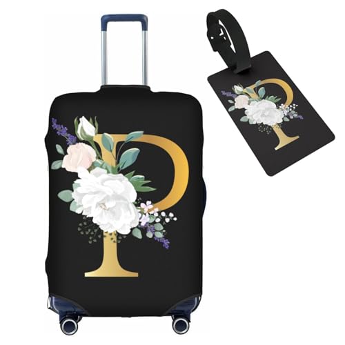 HAUYE Gepäckabdeckung mit Gepäckanhänger, elastisch, waschbar, Stretch-Koffer-Schutz, kratzfest, Reisekoffer-Abdeckung für Kinder und Erwachsene, Blumen-Buchstabe P, M (for 22-24 inch suitcase) with von HAUYE