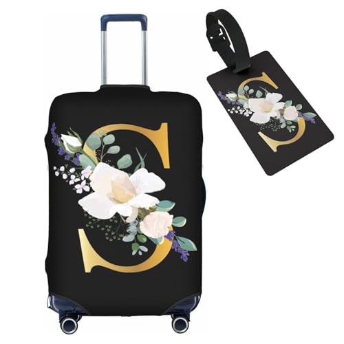 HAUYE Gepäckabdeckung mit Gepäckanhänger, elastisch, waschbar, Stretch-Koffer-Schutz, kratzfest, Reisekoffer-Abdeckung für Kinder und Erwachsene, Blumen-Buchstabe S, L (for 25-28 inch suitcase) with von HAUYE