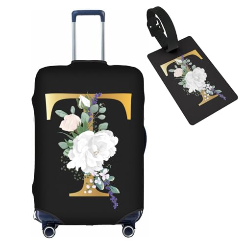 HAUYE Gepäckabdeckung mit Gepäckanhänger, elastisch, waschbar, Stretch-Koffer-Schutz, kratzfest, Reisekoffer-Abdeckung für Kinder und Erwachsene, Blumen-Buchstabe T, M (for 22-24 inch suitcase) with von HAUYE