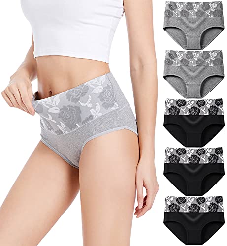 HAVVIS Damen Slip Unterwäsche Baumwolle Hohe Taille Bauchkontrolle Höschen Rose Jacquard Damen Panty Multipack, Slip 03 - 5er-Pack - 3 schwarz, 2 grau, XXL von HAVVIS