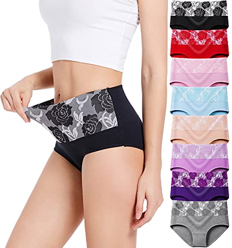 HAVVIS Damen-Slips Unterwäsche Baumwolle hohe Taille Bauchkontrolle Rose Jacquard Damen-Slip Multipack (XS, A01-8er Pack - Mehrfarbig) von HAVVIS