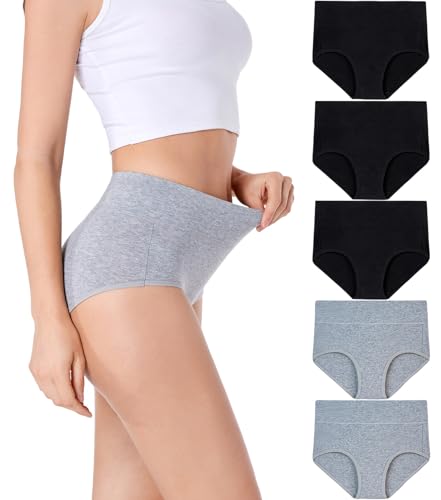 HAVVIS Unterhosen Damen Stretch Baumwolle Hohe Taille Slips Weich Atmungsaktiv Bequeme Unterwäsche Mehrpack (L, C02-5er Pack - 3schwarz, 2Grau) von HAVVIS