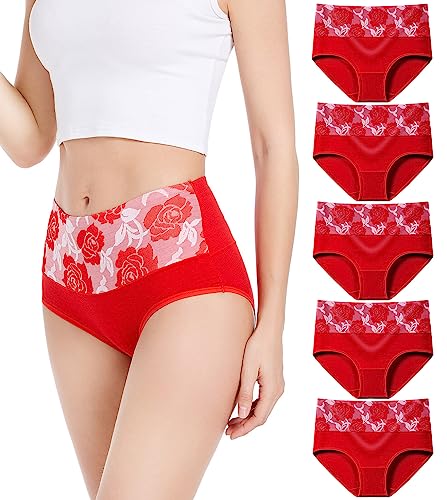 HAVVIS Unterhosen Damen Stretch Baumwolle Hohe Taille Slips Weich Atmungsaktiv Bequeme Unterwäsche Mehrpack (M, A07-5er Pack - Rot) von HAVVIS