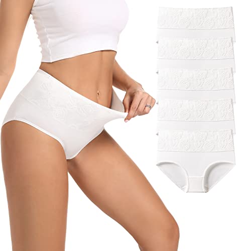 HAVVIS Unterhosen Damen Stretch Baumwolle Hohe Taille Slips Weich Atmungsaktiv Bequeme Unterwäsche Mehrpack (S, A06-5er Pack - Weiß) von HAVVIS