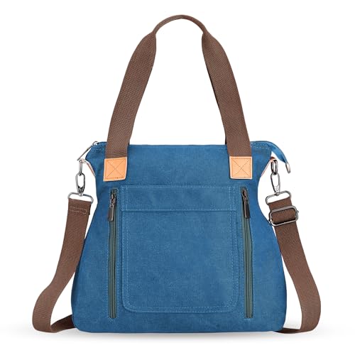 HAWEE Canvas Damen Handtasche mit Schultergurt Shopper Tote Bag Große Schultertasche Umhängetasche RetroTragetasche Leichte Henkeltasche für Reisen Arbeit Schule Einkaufen Strand Alltag, Blau von HAWEE