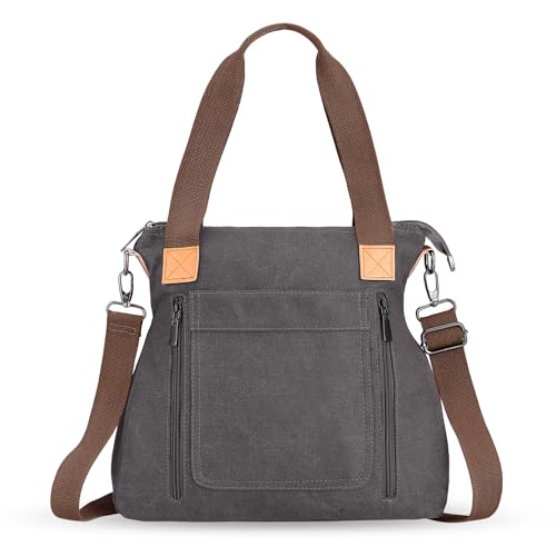 HAWEE Canvas Damen Handtasche mit Schultergurt Shopper Tote Bag Große Schultertasche Umhängetasche RetroTragetasche Leichte Henkeltasche für Reisen Arbeit Schule Einkaufen Strand Alltag, Grau von HAWEE