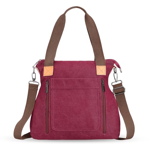 HAWEE Canvas Damen Handtasche mit Schultergurt Shopper Tote Bag Große Schultertasche Umhängetasche RetroTragetasche Leichte Henkeltasche für Reisen Arbeit Schule Einkaufen Strand Alltag, Lila von HAWEE