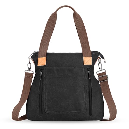 HAWEE Canvas Damen Handtasche mit Schultergurt Shopper Tote Bag Große Schultertasche Umhängetasche RetroTragetasche Leichte Henkeltasche für Reisen Arbeit Schule Einkaufen Strand Alltag, Schwarz von HAWEE