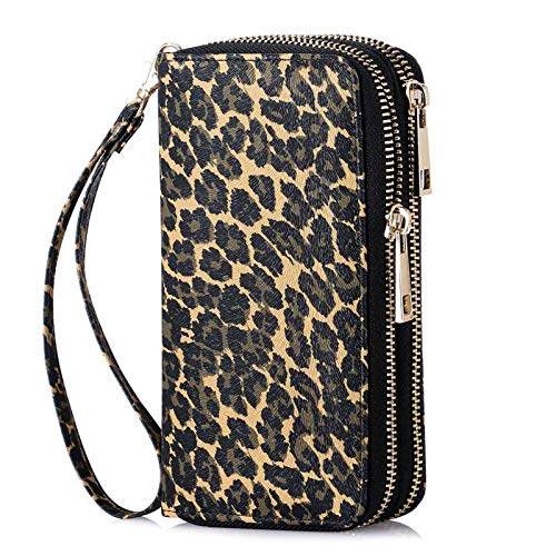 HAWEE Damen Lange Clutches Geldbörse Handschlaufe Portemonnaie Doppelter Reißverschluss Brieftasche Handy Geldbörse mit Mehreren Karten Slots für Münzen Bargeld Rechnung (Armee grüner Leopard) von HAWEE