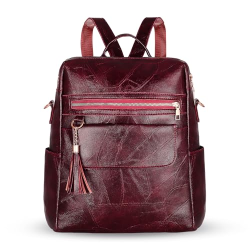 HAWEE Damen Rucksack Weiches PU Leder Schulrucksack Anti-Diebstahl Tagesrucksack Elegant Schultertasche Wasserdicht Cityrucksack mit Schultergurt Daypack für Arbeit Reisen Einkaufen Alltag, Rot von HAWEE