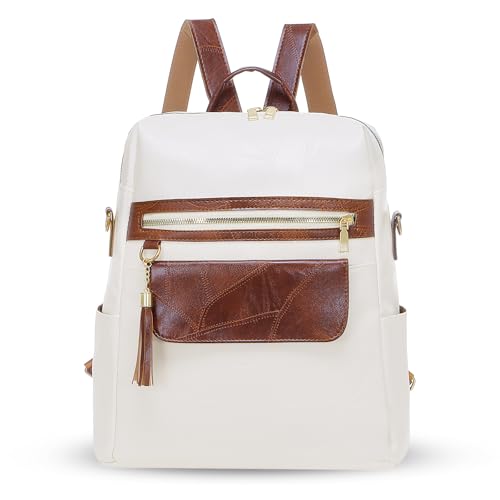 HAWEE Damen Rucksack Weiches PU Leder Schulrucksack Anti-Diebstahl Tagesrucksack Elegant Schultertasche Wasserdicht Cityrucksack mit Schultergurt Daypack für Arbeit Reisen Einkaufen Alltag, Weiß von HAWEE