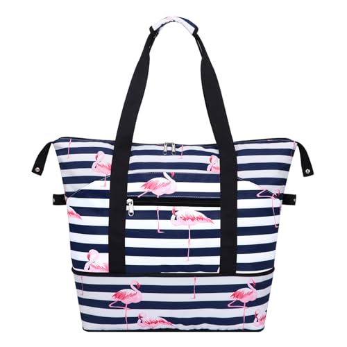 HAWEE Erweiterbare Seesack für Frauen mit Trolleyhülle und Nasstasche, wasserabweisend, Wochenend-Reisetasche, große Kapazität, Handgepäck für Fitnessstudio/Reise/Camping/Strand, Flamingo Stripe von HAWEE