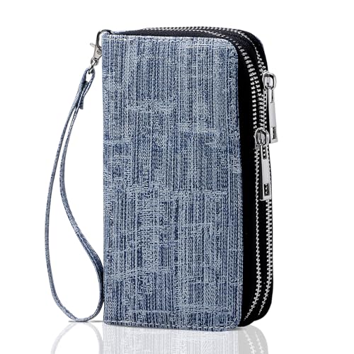 HAWEE Geldbörse mit doppeltem Reißverschluss für Damen, Clutch, Geldbörse mit Handyhalter für Smartphone/Karte/Münze/Bargeld, Imitation Jean, 6.9*3.5*1.9 inch von HAWEE