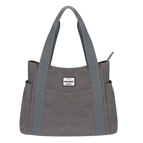 HAWEE Canvas Damen Handtasche Shopper Tote Bag Große Schultertasche mit Reißverschluss Umhängetasche RetroTragetasche Leichte Henkeltasche für Reisen Arbeit Schule Einkaufen Strand Alltag, Grau von HAWEE