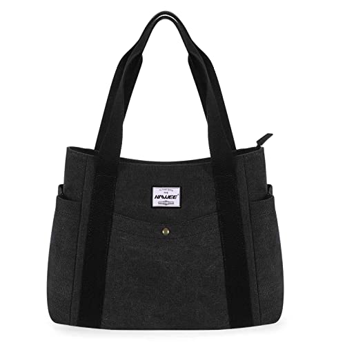 HAWEE Canvas Damen Handtasche Shopper Tote Bag Große Schultertasche mit Reißverschluss Umhängetasche RetroTragetasche Leichte Henkeltasche für Reisen Arbeit Schule Einkaufen Strand Alltag, Schwarz von HAWEE