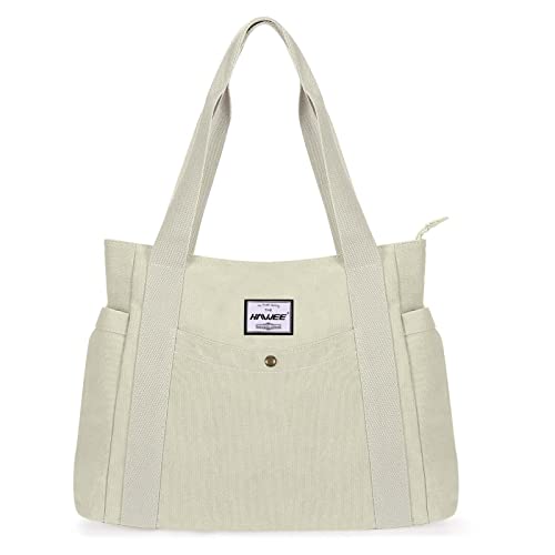 HAWEE Canvas Damen Handtasche Shopper Tote Bag Große Schultertasche mit Reißverschluss Umhängetasche RetroTragetasche Leichte Henkeltasche für Reisen Arbeit Schule Einkaufen Strand Alltag, Weiß von HAWEE