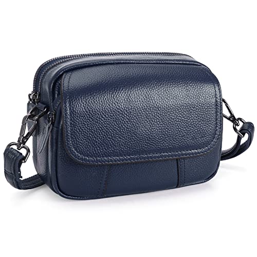 HAWEE Damen Handy Umhängetasche Echtes Leder Crossbody Schultertasche mit 3 Reißverschlüsse Kleine Handytasche zum Umhängen mit Verstellbar Abnehmbar Schultergurt, Blau von HAWEE