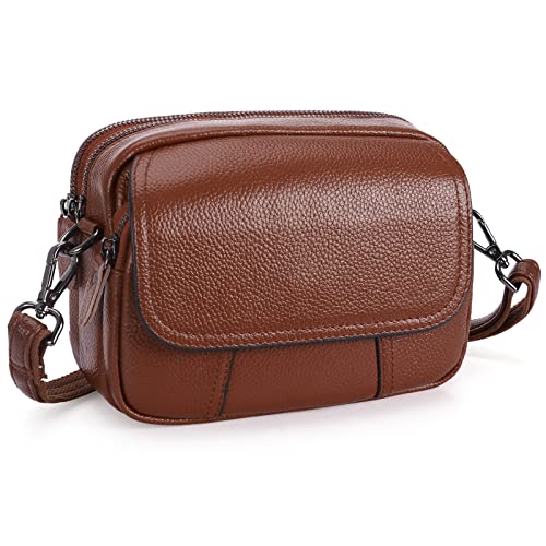 HAWEE Damen Handy Umhängetasche Echtes Leder Crossbody Schultertasche mit 3 Reißverschlüsse Kleine Handytasche zum Umhängen mit Verstellbar Abnehmbar Schultergurt, Braun von HAWEE