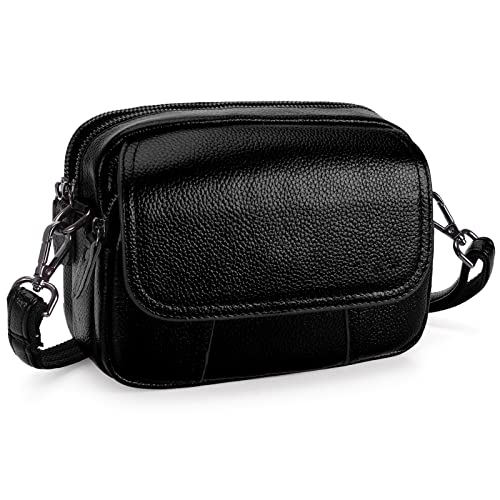 HAWEE Damen Handy Umhängetasche Echtes Leder Crossbody Schultertasche mit 3 Reißverschlüsse Kleine Handytasche zum Umhängen mit Verstellbar Abnehmbar Schultergurt, Schwarz von HAWEE