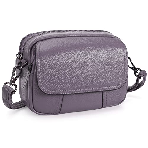 HAWEE Damen Handy Umhängetasche Echtes Leder Crossbody Schultertasche mit 3 Reißverschlüsse Kleine Handytasche zum Umhängen mit Verstellbar Abnehmbar Schultergurt, Lila von HAWEE