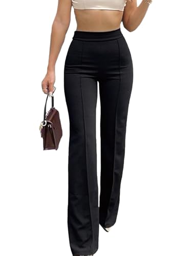 HAWILAND Anzughose Damen Stretch Elegant High Waist Lange Flared Stoffhose Business Casual Bootcut Chino Hose Schwarz L von HAWILAND