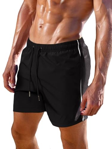 HAWILAND Badehose Herren Kurz Sommer Badeshorts Schnelltrocknend Männer Bademode Malle Hawaii Outfit mit Taschen Schwarz L von HAWILAND