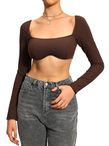 HAWILAND Bauchfreies Oberteil Damen - Langarm Crop T-Shirt mit Bügel Sexy Langearmshirt Slim Crop Top mit Polster #1 Braun M von HAWILAND