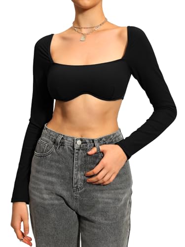 HAWILAND Bauchfreies Oberteil Damen - Langarm Crop T-Shirt mit Bügel Sexy Langearmshirt Slim Crop Top mit Polster #1 Schwarz L von HAWILAND