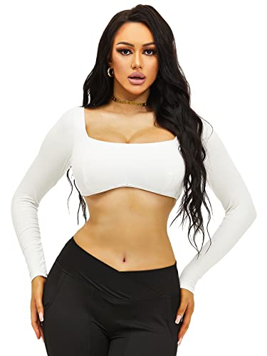 HAWILAND Bauchfreies Oberteil Damen - Langarm Crop T-Shirt mit Bügel Sexy Langearmshirt Slim Crop Top mit Polster #2 Weiß L von HAWILAND