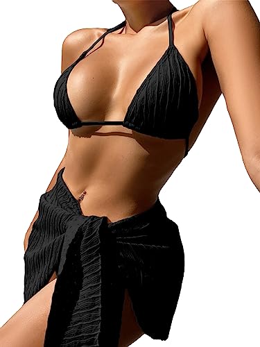 HAWILAND Bikini Damen Set 3 Teiliger mit Cover up Rock Triangel Bademode Neckholder String Bikinioberteil Einfarbig Badeanzug Elegant Beachwear Swimsuit #1 Schwarz M von HAWILAND