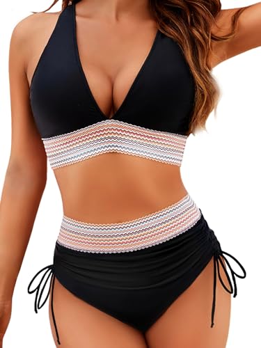 HAWILAND Bikini Damen Set Push Up Bademode Farbblock High Waist Badeanzug mit Kordelzug Elegant Beachwear Zweiteiliger Swimsuit Schwarz M von HAWILAND