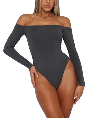 HAWILAND Body Damen Schulterfreies Oberteil Langarm Damenbody Sexy Elegant Bodysuit Top Slim Unterziehbody für Frauen #1 Grau M von HAWILAND