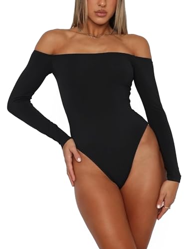 HAWILAND Body Damen Schulterfreies Oberteil Langarm Damenbody Sexy Elegant Bodysuit Top Slim Unterziehbody für Frauen #1 Schwarz S von HAWILAND